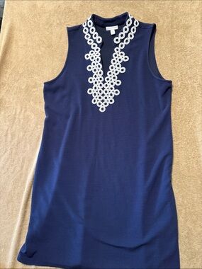 Charter Club Navy Sleeveless Dress with White Embroidered Neckline